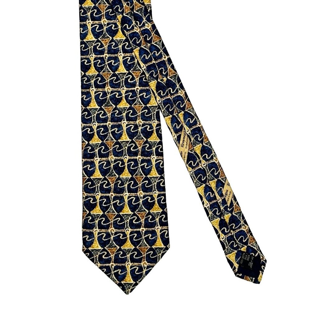 Ermenegildo Zegna Silk Tie Necktie Italy Geometric Foulard Blue Gold 59" x 3.75"